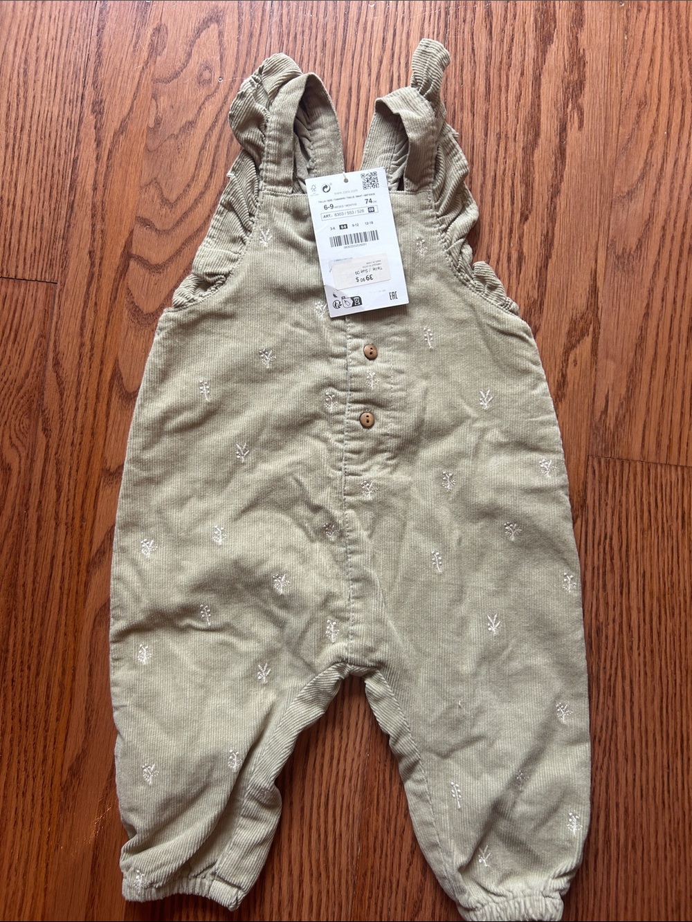 Zara 6-9 month Kids Olive Green Corduroy Overalls NWT